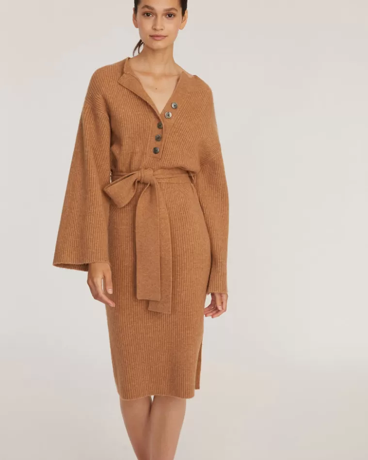 New MARISSA WEBB Arie Ribbed Cashmere Blend Henley Midi Sweater Dress In Camel