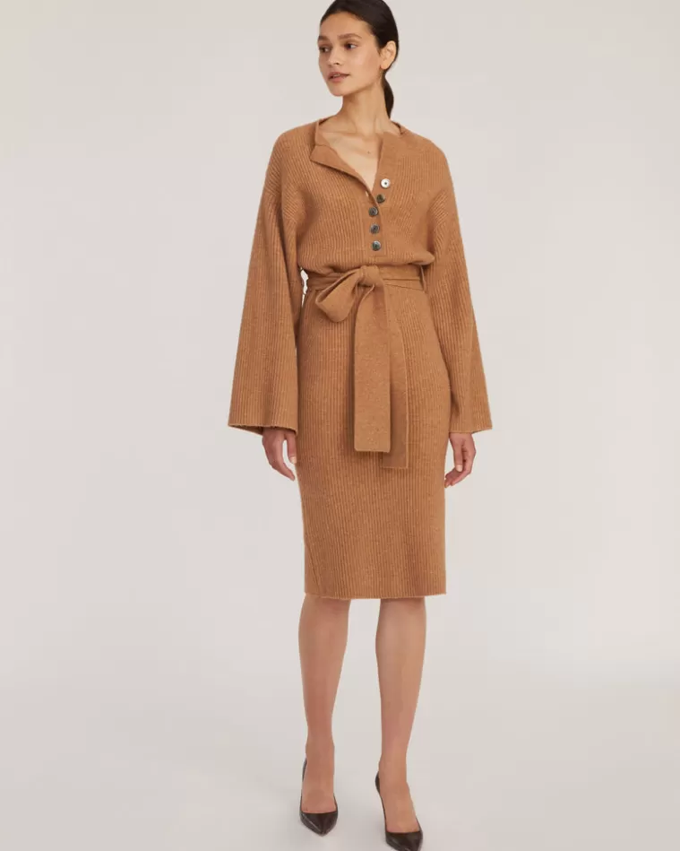 New MARISSA WEBB Arie Ribbed Cashmere Blend Henley Midi Sweater Dress In Camel