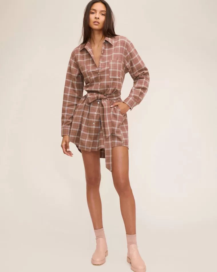 Clearance MARISSA WEBB Brett Lightweight Flannel U-Back Mini Dress Mesa Tan Plaid