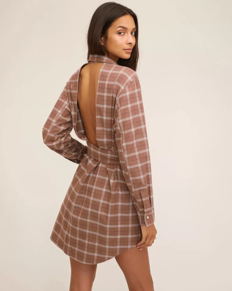 Clearance MARISSA WEBB Brett Lightweight Flannel U-Back Mini Dress Mesa Tan Plaid