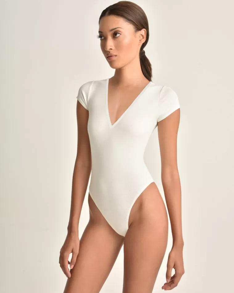 Shop MARISSA WEBB Dani V Neck Ribbed Body Suit In Ivory White